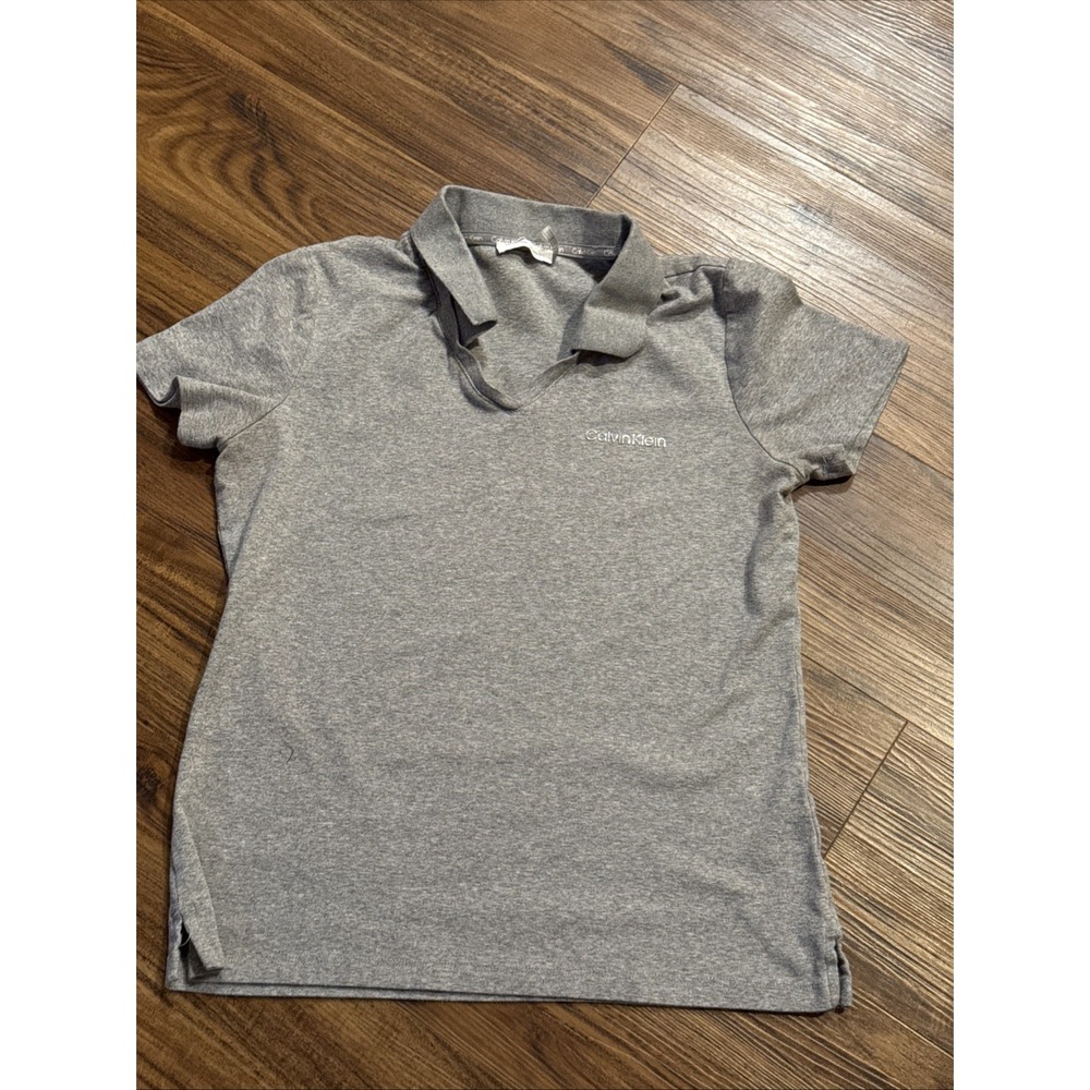 Calvin Klein Polo Shirt Women's Small Heathered Grey V-Neck Short Sleeve Logo